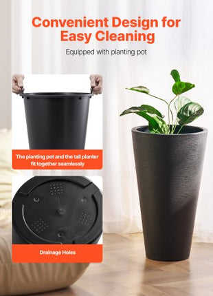 Set of 2 Tall Planter For Outdoor Indoor Plants 24inch, Black Round Large Planters For Front Porch, Patio, Tall Taper Flower Tree Plant Pots with Modern Design and Built-in Drainage
