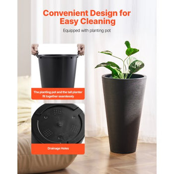 Set of 2 Tall Planter For Outdoor Indoor Plants 24inch, Black Round Large Planters For Front Porch, Patio, Tall Taper Flower Tree Plant Pots with Modern Design and Built-in Drainage