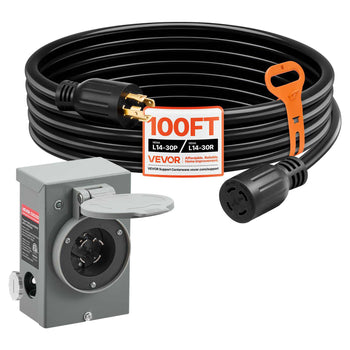 30 Amp Generator Cord and Power Inlet Box, 100 FT, 125/250V NEMA L14-30P to L14-30R Heavy Duty Extension Power Cord, SJTW 10AWG 7500W, Pre-Drilled Inlet Box, for Generator to House, ETL Listed