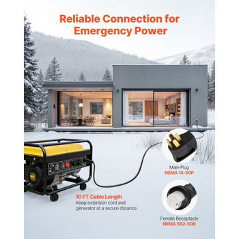 50 Amp Generator Cord and Power Inlet Box, 10FT, 125V/250V STW 6/3 + 8/1 AWG Extension Power Cord, NEMA 14-50P to SS2-50R, Twist Lock Connector, Inlet Box Kit, for Generator to House, ETL Listed