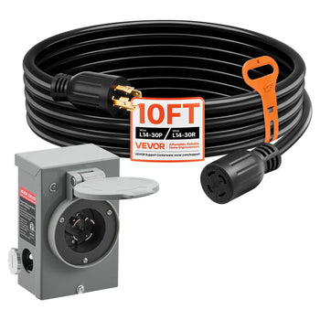 30 Amp Generator Cord and Power Inlet Box, 10 FT, 125/250V NEMA L14-30P to L14-30R Heavy Duty Extension Power Cord, SJTW 10 Gauge 7500W, Pre-Drilled Inlet Box, for Generator to House, ETL Listed