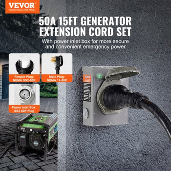 50 Amp Generator Cord and Power Inlet Box Kit, 15FT, NEMA 14-50P/SS2-50R STW 6/3+8/1 AWG Generator Power Cord with Twist Lock Connector, Pre-Drilled Inlet Box for Generator to House, ETL Listed