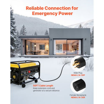 30 Amp Generator Cord and Power Inlet Box, 50 FT, 125/250V NEMA L14-30P to L14-30R Heavy Duty Extension Power Cord, SJTW 10 Gauge 7500W, Pre-Drilled Inlet Box, for Generator to House, ETL Listed