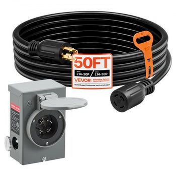 30 Amp Generator Cord and Power Inlet Box, 50 FT, 125/250V NEMA L14-30P to L14-30R Heavy Duty Extension Power Cord, SJTW 10 Gauge 7500W, Pre-Drilled Inlet Box, for Generator to House, ETL Listed