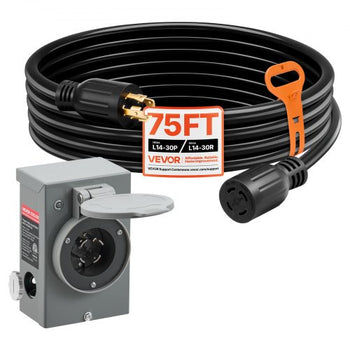 30 Amp Generator Cord and Power Inlet Box, 75 FT, 125/250V NEMA L14-30P to L14-30R Heavy Duty Extension Power Cord, SJTW 10 Gauge 7500W, Pre-Drilled Inlet Box, for Generator to House, ETL Listed
