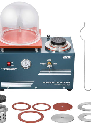Vacuum Investing Casting Machine, 290W Power, with 3 CFM Pump and Bell Jar, Convenient Oil Injection Port, Precision Pressure Gauge, 11 x 11 in Workbench, Casting Machine for Jewelry and Metal