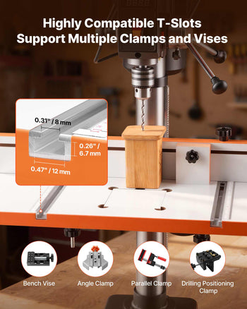 Drill Press Table, 24 in x 12 in, Worktable with an Adjustable Fence and Stop Block, Highly Compatible T-Slots, MDF Tabletop, Built-In Scale, Support Multiple Clamps and Vises, for Drill Presses