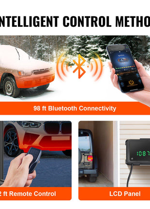 Bluetooth car heater with remote control, LCD panel, and 98 ft connectivity in a sleek black design.