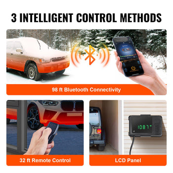 Bluetooth car heater with remote control, LCD panel, and 98 ft connectivity in a sleek black design.