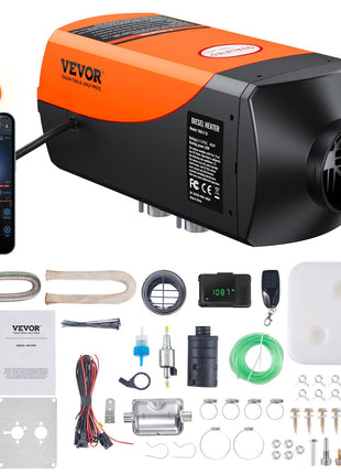 Bluetooth-enabled VEVOR diesel heater, black and orange, includes installation kit and accessories for efficient outdoor use.