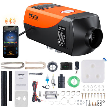Bluetooth-enabled VEVOR diesel heater, black and orange, includes installation kit and accessories for efficient outdoor use.
