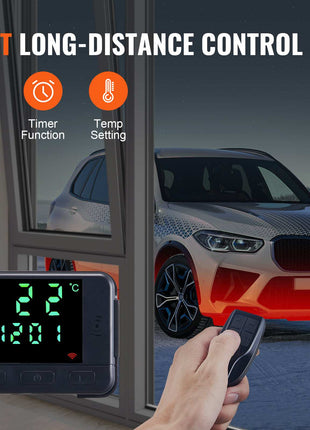 Smart remote control for heating system, black finish, 32ft range, LCD display, timer, and temperature settings.