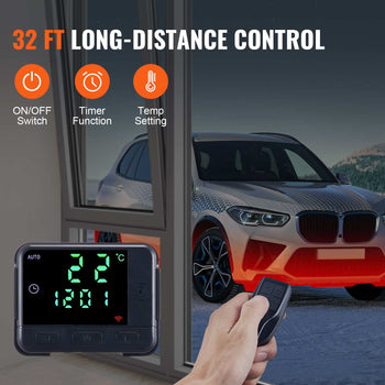 Smart remote control for heating system, black finish, 32ft range, LCD display, timer, and temperature settings.