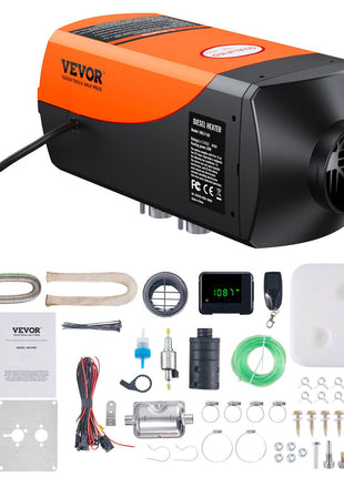 Vevor diesel air heater in orange and black, includes installation kit, digital display, remote control, and various accessories.