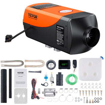 Vevor diesel air heater in orange and black, includes installation kit, digital display, remote control, and various accessories.