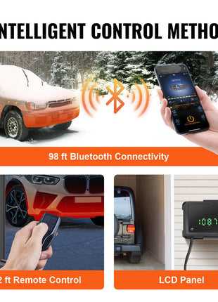 Bluetooth-enabled car heater with 98 ft connectivity, remote control, and LCD panel; ideal for winter use.