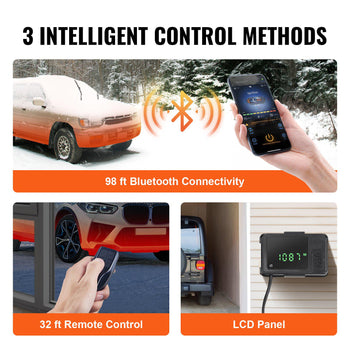 Bluetooth-enabled car heater with 98 ft connectivity, remote control, and LCD panel; ideal for winter use.