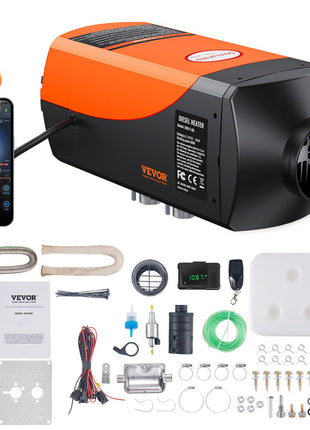 VEVOR 12V Diesel Heater, orange and black, includes remote control, installation kit, ideal for RVs and trucks.