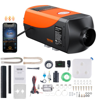 VEVOR 12V Diesel Heater, orange and black, includes remote control, installation kit, ideal for RVs and trucks.