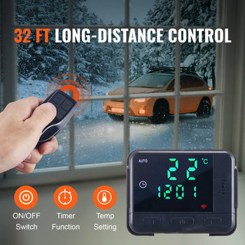 Remote control thermostat with digital display, black, designed for long-distance use up to 32 ft, perfect for winter settings.