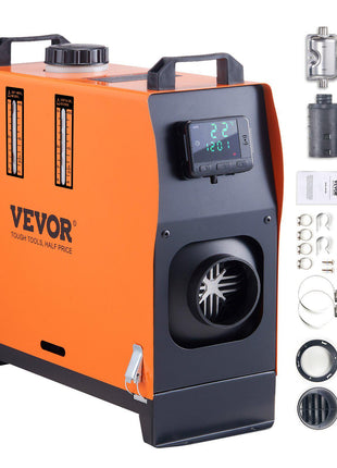 VEVOR 12V diesel air heater, orange metal housing, digital display, compact design, with accessories for easy installation.
