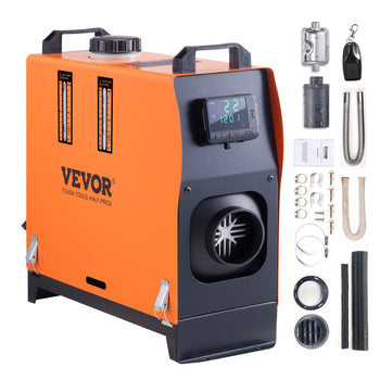 VEVOR 12V diesel air heater, orange metal housing, digital display, compact design, with accessories for easy installation.