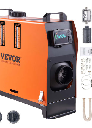 Vevor 12V diesel heater, orange and black, compact design with remote control, ideal for outdoor use and vehicle heating.