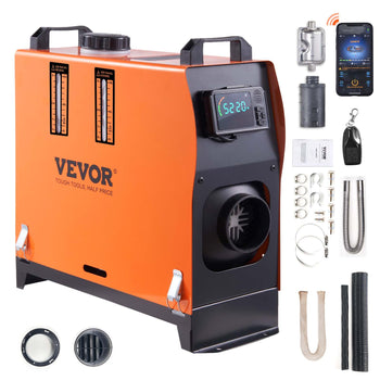 Vevor 12V diesel heater, orange and black, compact design with remote control, ideal for outdoor use and vehicle heating.