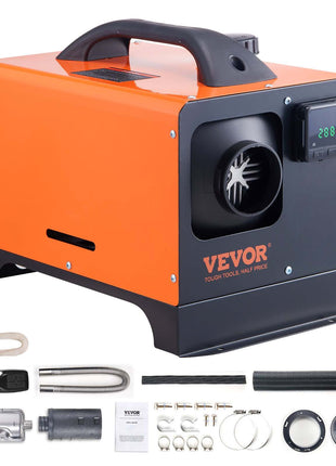 Vevor 12V portable heater, orange and black, metal casing, includes accessories for efficient heating solutions.