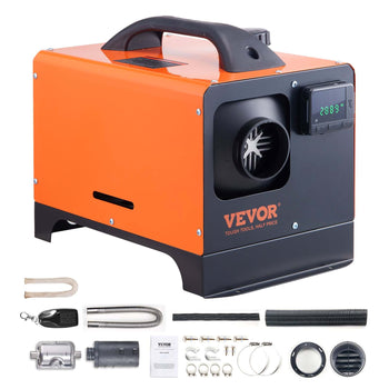 Vevor 12V portable heater, orange and black, metal casing, includes accessories for efficient heating solutions.