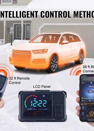 Smart car heater with LCD panel, remote control, Bluetooth connectivity, stylish black design, ideal for winter use.