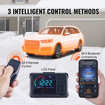 Smart car heater with LCD panel, remote control, Bluetooth connectivity, stylish black design, ideal for winter use.