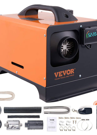 VEVOR portable diesel air heater in orange and black, metal construction, includes remote control and installation accessories.