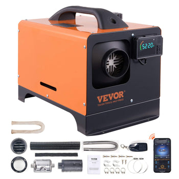 VEVOR portable diesel air heater in orange and black, metal construction, includes remote control and installation accessories.