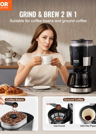Coffee Maker with Grinder, 10 Cup Coffee Machine, Grind and Brew Coffee Maker with 3 Brew Strength Control, Drip Coffee Maker with Adjustable Grinding Coarseness, for Home Office Restaurant