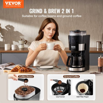 Coffee Maker with Grinder, 10 Cup Coffee Machine, Grind and Brew Coffee Maker with 3 Brew Strength Control, Drip Coffee Maker with Adjustable Grinding Coarseness, for Home Office Restaurant
