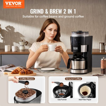 Coffee Maker with Grinder, 8 Cup Programmable Coffee Machine, Grind and Brew Coffee Maker with 24-Hour Timer for Auto Brew, Reusable Filter, for Home Office Restaurant