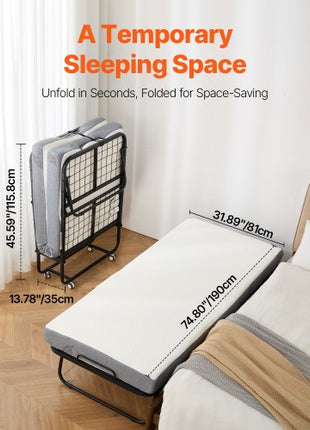 Rollaway Bed, 31 in x 75 in Folding Bed with 4 in Mattress, Twin Size Foldable Bed with Sturdy Metal Frame & Memory Foam Mattress, Portable Twin Roll Away Bed with Mattress, for Adults, Guest