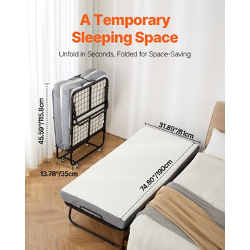 Rollaway Bed, 31 in x 75 in Folding Bed with 4 in Mattress, Twin Size Foldable Bed with Sturdy Metal Frame & Memory Foam Mattress, Portable Twin Roll Away Bed with Mattress, for Adults, Guest