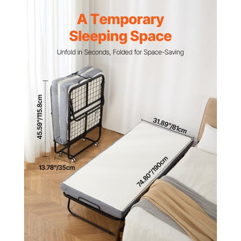 Rollaway Bed, 31 in x 75 in Folding Bed with 5 in Mattress, Twin Size Foldable Bed with Sturdy Metal Frame & Memory Foam Mattress, Portable Twin Roll Away Bed with Mattress, for Adults, Guest