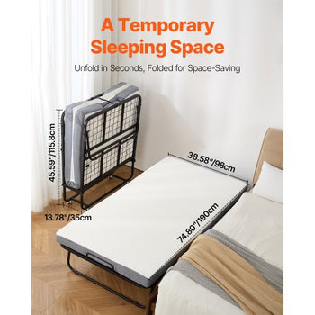 Rollaway Bed, 38 in x 75 in Folding Bed with 4 in Mattress, Twin Size Foldable Bed with Sturdy Metal Frame & Memory Foam Mattress, Portable Twin Roll Away Bed with Mattress, for Adults, Guest