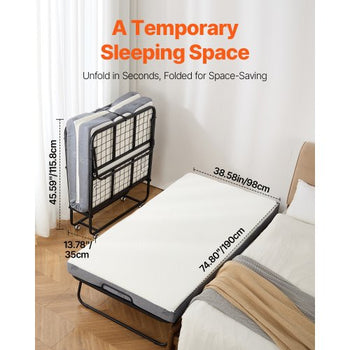 Rollaway Bed, 38 in x 75 in Folding Bed with 5 in Mattress, Twin Size Foldable Bed with Sturdy Metal Frame & Memory Foam Mattress, Portable Twin Roll Away Bed with Mattress, for Adults, Guest