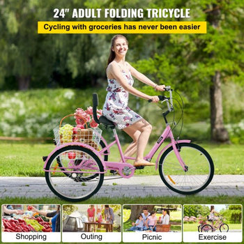 Tricycle Adult 24 Wheels Adult Tricycle 7-Speed 3 Wheel Bikes For Adults Three Wheel Bike For Adults Adult Trike Adult Folding Tricycle Foldable Adult Tricycle 3 Wheel Bike Trike Foldable Pink