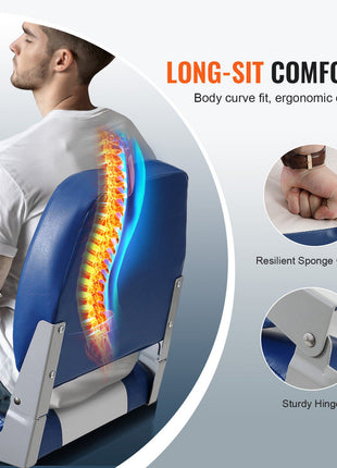 Ergonomic blue and gray gaming chair with resilient sponge cushion for long-sit comfort and body curve support.