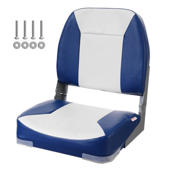 Blue and white padded boat seat with metal frame, ideal for marine use, includes mounting screws.
