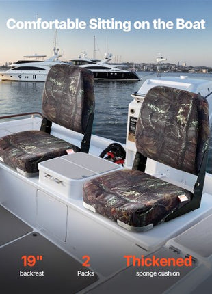 Boat Seat, Low Backrest, Folding Fishing Boat Seat with Thickened Sponge Cushion & PU Polyester Fabric, Strong PP Frame, Flip Up Boat Seat for Boats, Yachts, Ships, Camouflage Color (2 Seats)
