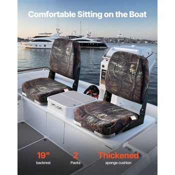 Boat Seat, Low Backrest, Folding Fishing Boat Seat with Thickened Sponge Cushion & PU Polyester Fabric, Strong PP Frame, Flip Up Boat Seat for Boats, Yachts, Ships, Camouflage Color (2 Seats)