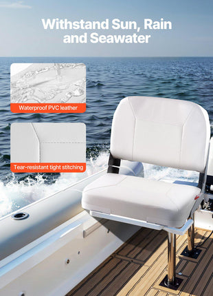 Boat Seat, Low Backrest, Folding Fishing Boat Seat with Thickened Sponge Cushion & Waterproof PVC Leather, Aluminum Alloy Hinges, Flip Up Boat Seat for Fishing Boats, Yachts, Ships, White