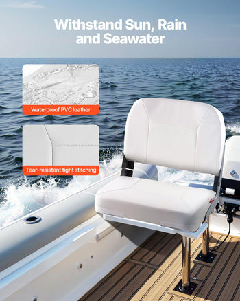 Boat Seat, Low Backrest, Folding Fishing Boat Seat with Thickened Sponge Cushion & Waterproof PVC Leather, Aluminum Alloy Hinges, Flip Up Boat Seat for Fishing Boats, Yachts, Ships, White
