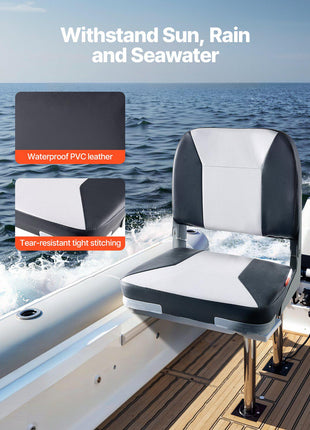 Boat Seat, Low Backrest, Folding Fishing Boat Seat with Thickened Sponge Cushion & Waterproof PVC Leather, Aluminum Alloy Hinges, Flip Up Boat Seat for Fishing Boats, Yachts, Ships, Black & Grey